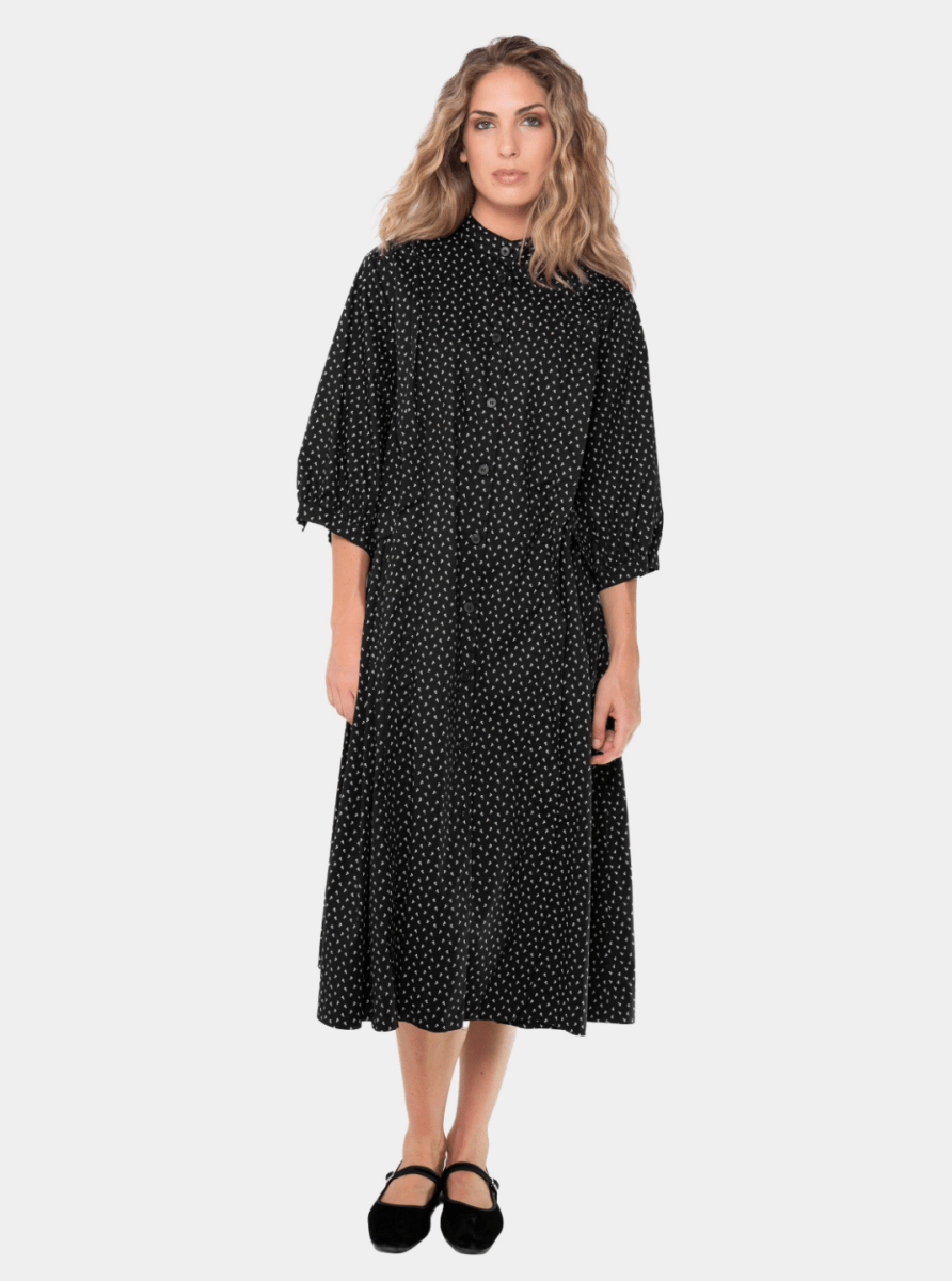 Cotton 3/4 Sleeve Pleat Midi Dress