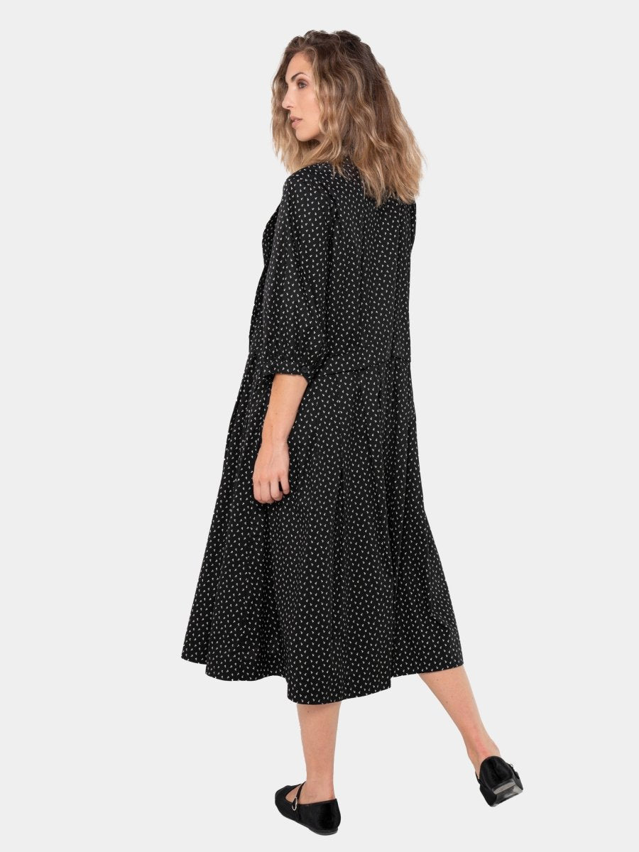 Cotton 3/4 Sleeve Pleat Midi Dress