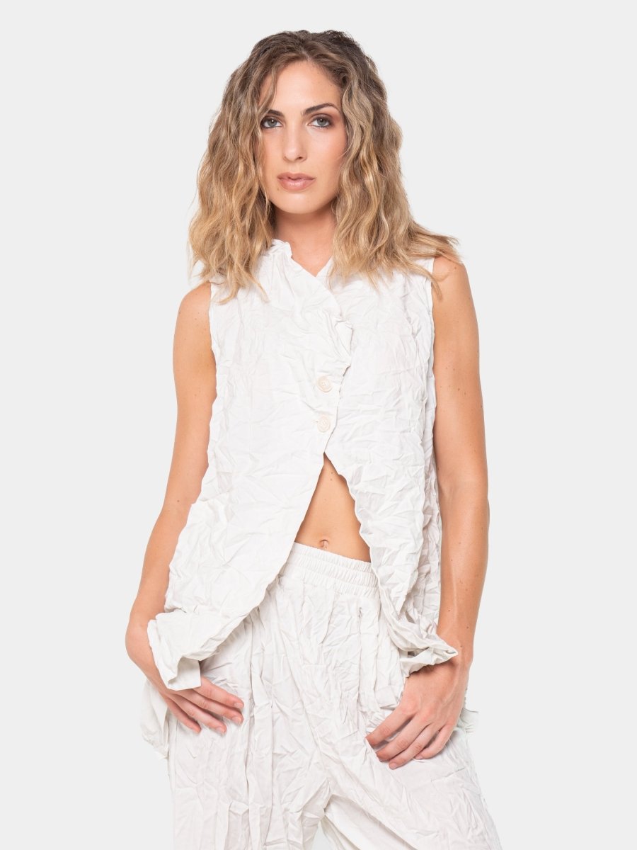 Crinkled Sleeveless Button Up